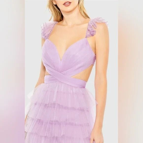 NWT Mac Duggal Maxi Dress 50670 Lavender Lilac Ruffle Tiered Tulle Cutout sz 12 - Picture 3 of 8
